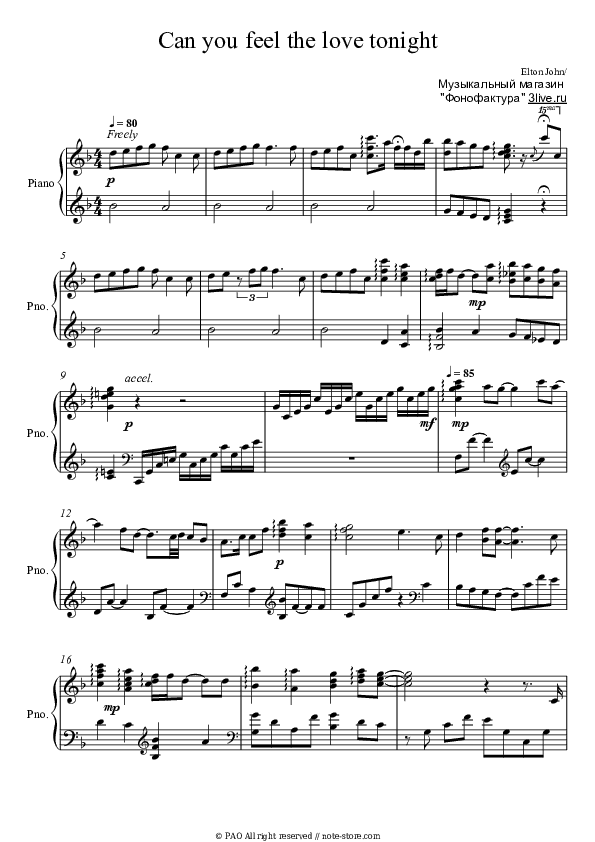 Can you feel the love tonight - Elton John Piano Sheet Music - Piano.Solo