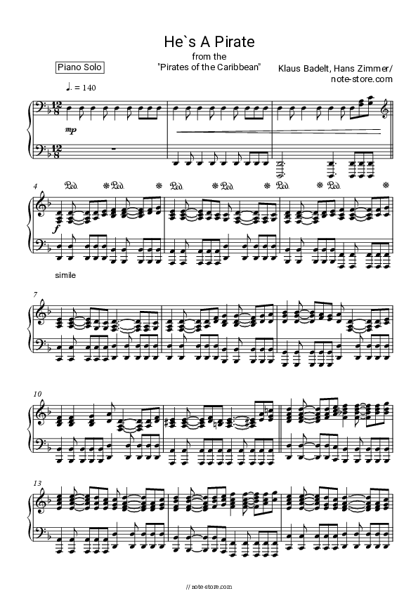 Pirates of the Caribbean: He's A Pirate - Hans Zimmer Piano Sheet Music - Piano.Solo