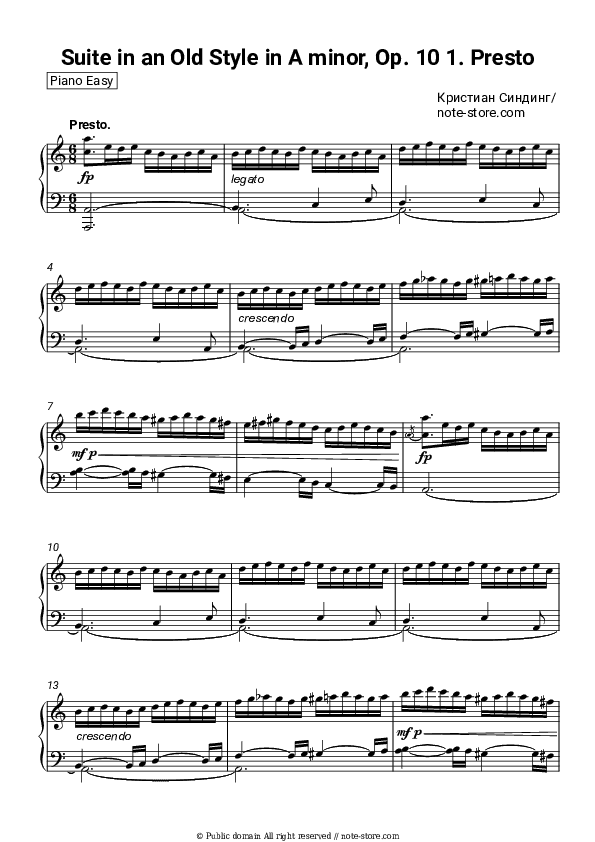 Suite in an Old Style in A minor, Op. 10: 1. Presto - Christian Sinding Piano Sheet Music Easy - Piano.Easy