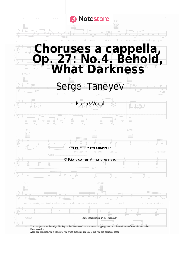 Choruses a cappella, Op. 27: No.4. Behold, What Darkness - Sergei Taneyev Piano Sheet Music with the Voice part - Piano&Vocal