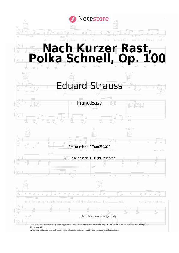 Nach Kurzer Rast, Polka Schnell, Op. 100 - Eduard Strauss Piano Sheet Music Easy - Piano.Easy