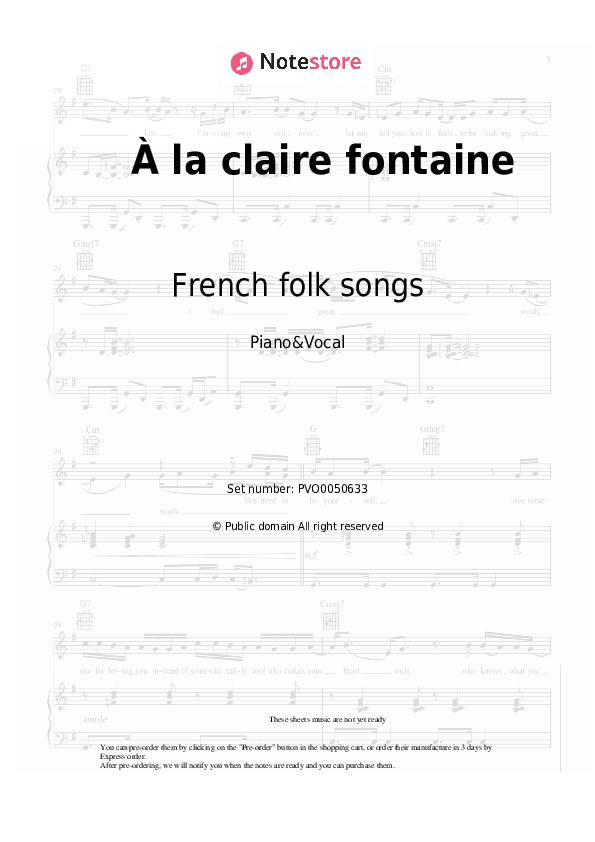 À la claire fontaine - French folk songs Piano Sheet Music with the Voice part - Piano&Vocal