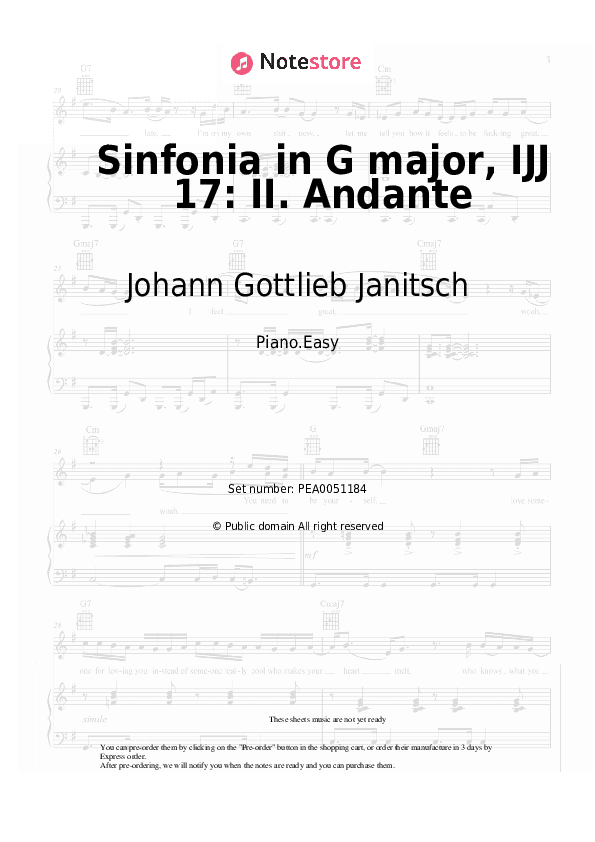 Sinfonia in G major, IJJ 17: II. Andante - Johann Gottlieb Janitsch Piano Sheet Music Easy - Piano.Easy