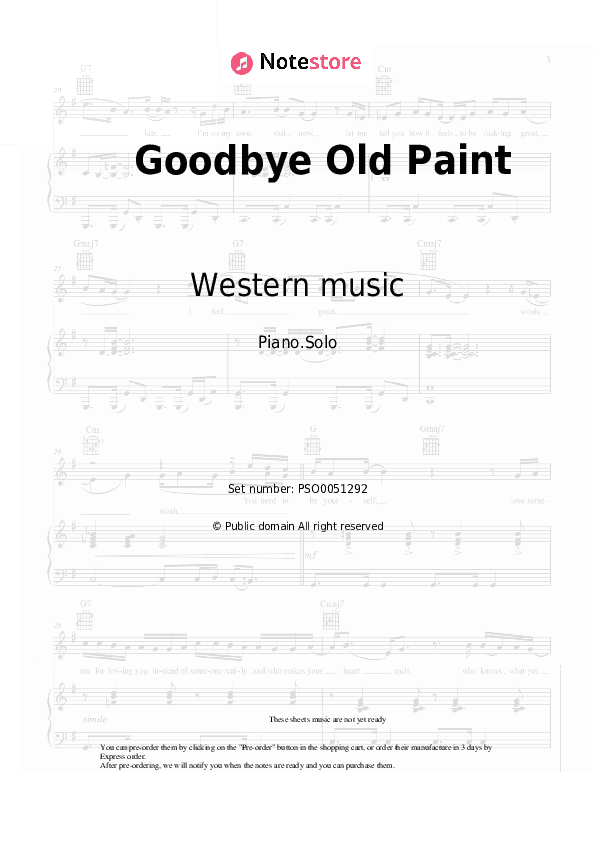 Goodbye Old Paint - Western music Piano Sheet Music - Piano.Solo