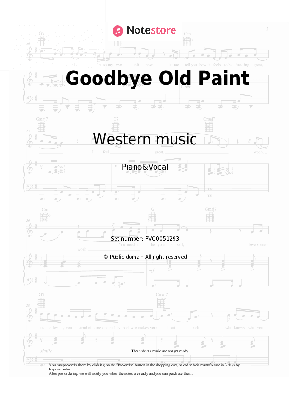 Goodbye Old Paint - Western music Piano Sheet Music with the Voice part - Piano&Vocal