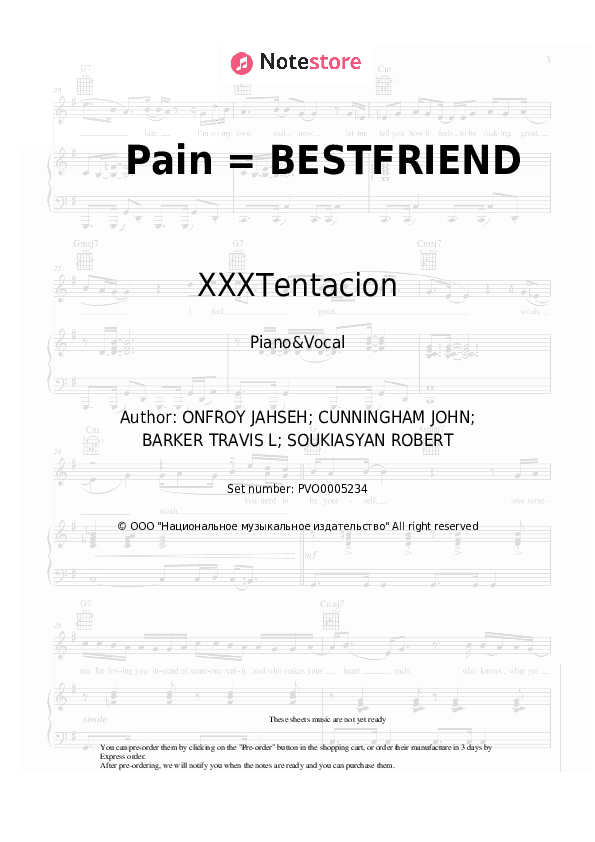 Pain = BESTFRIEND - XXXTentacion, Travis Barker Piano Sheet Music with the Voice part - Piano&Vocal