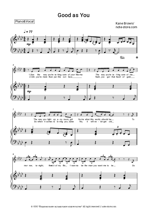 Good as You - Kane Brown Piano Sheet Music with the Voice part - Piano&Vocal