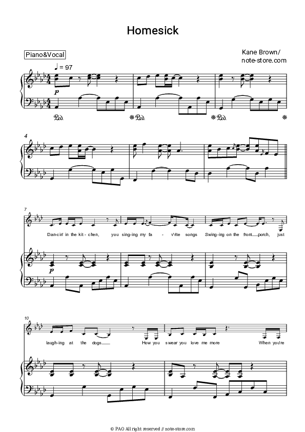 Homesick - Kane Brown Piano Sheet Music with the Voice part - Piano&Vocal