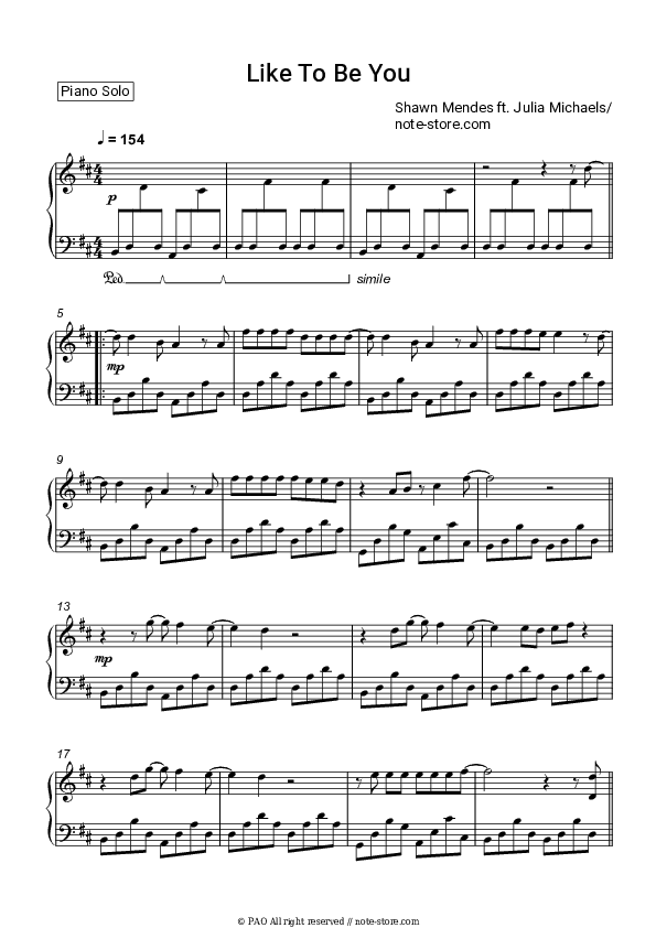 Like To Be You - Shawn Mendes, Julia Michaels Piano Sheet Music - Piano.Solo