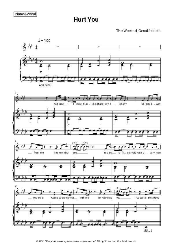 Hurt You - The Weeknd, Gesaffelstein Piano Sheet Music with the Voice part - Piano&Vocal