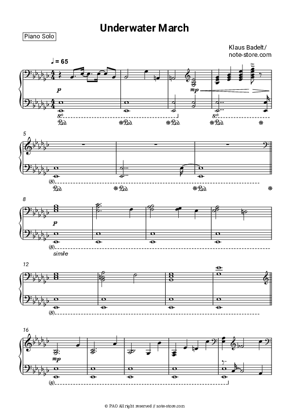 Underwater March - Klaus Badelt Piano Sheet Music - Piano.Solo