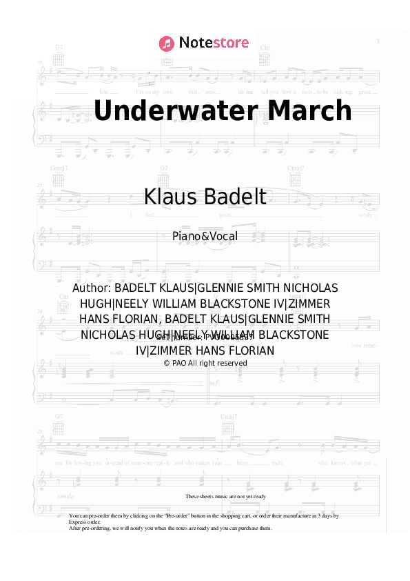 Underwater March - Klaus Badelt Piano Sheet Music with the Voice part - Piano&Vocal