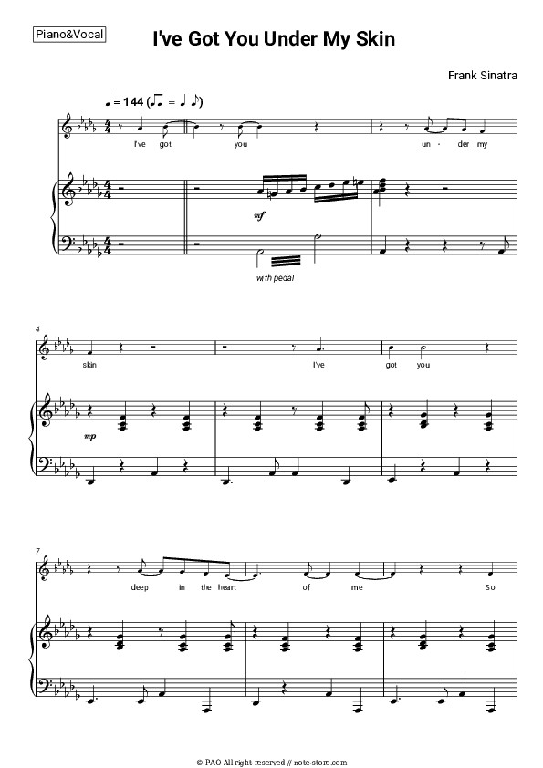 I've Got You Under My Skin - Frank Sinatra Piano Sheet Music with the Voice part - Piano&Vocal