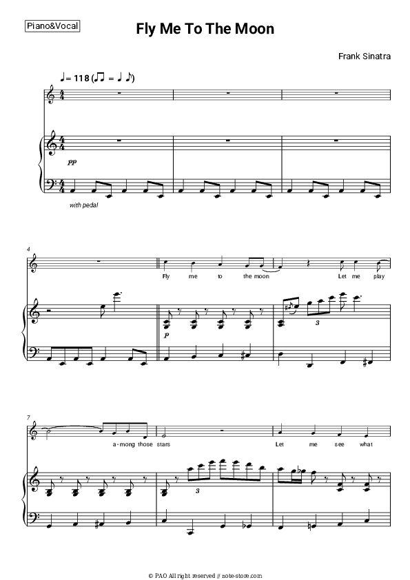 Fly Me To The Moon - Frank Sinatra Piano Sheet Music with the Voice part - Piano&Vocal