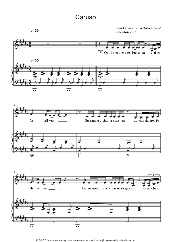 Caruso - Lara Fabian Piano Sheet Music with the Voice part - Piano&Vocal