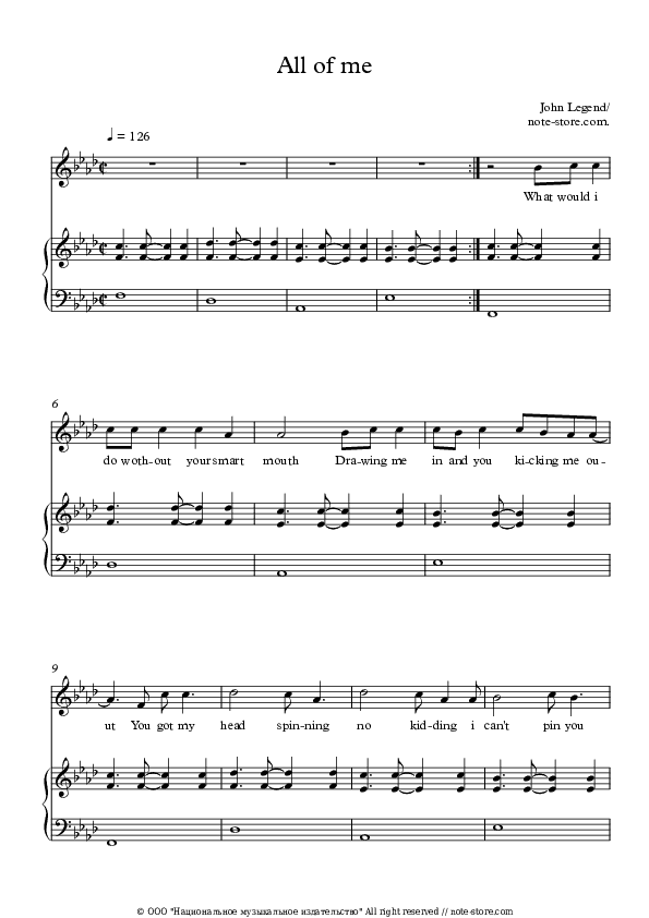 All of Me - John Legend Piano Sheet Music with the Voice part - Piano&Vocal