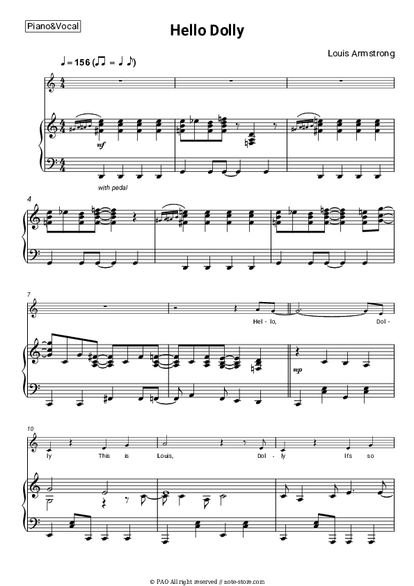 Hello Dolly - Louis Armstrong Piano Sheet Music with the Voice part - Piano&Vocal