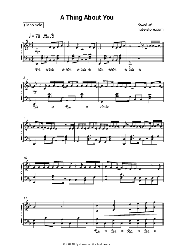 A Thing About You - Roxette Piano Sheet Music - Piano.Solo