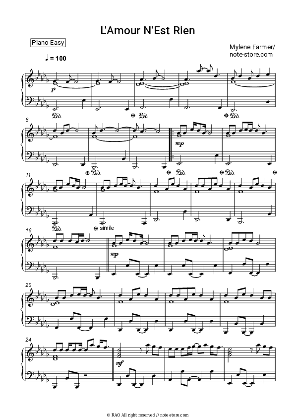 L'amour n'est rien... - Mylène Farmer Piano Sheet Music Easy - Piano.Easy