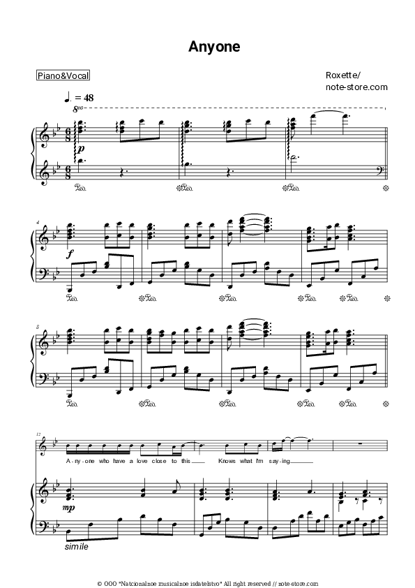Anyone - Roxette Piano Sheet Music with the Voice part - Piano&Vocal