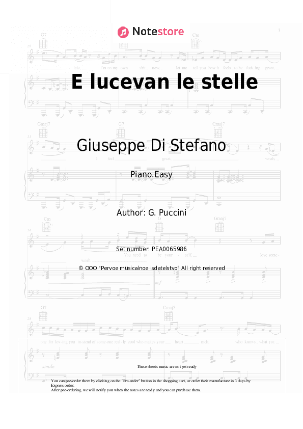 E lucevan le stelle - Giuseppe Di Stefano Piano Sheet Music Easy - Piano.Easy