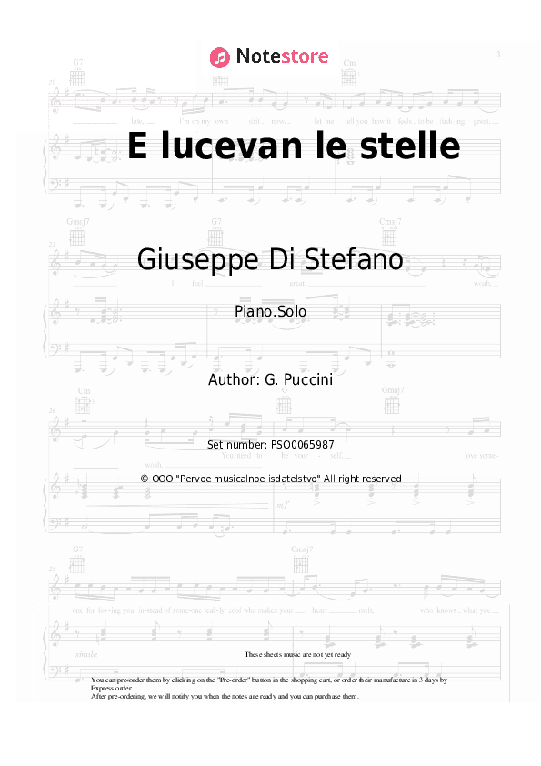 E lucevan le stelle - Giuseppe Di Stefano Piano Sheet Music - Piano.Solo