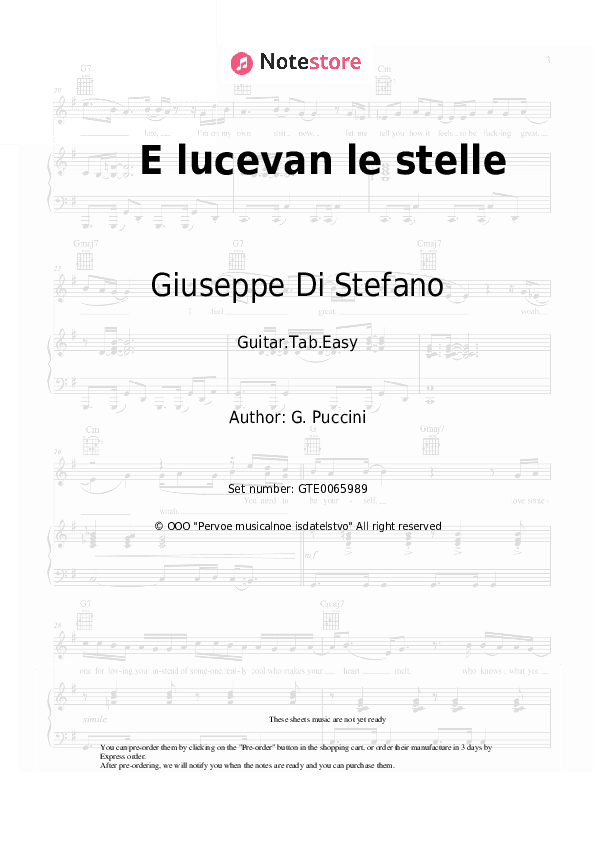 E lucevan le stelle - Giuseppe Di Stefano Tabs Easy - Guitar.Tab.Easy