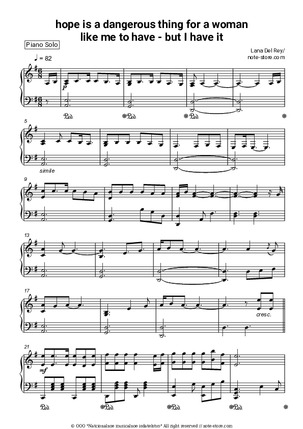 hope is a dangerous thing for a woman like me to have - but i have it - Lana Del Rey Piano Sheet Music - Piano.Solo