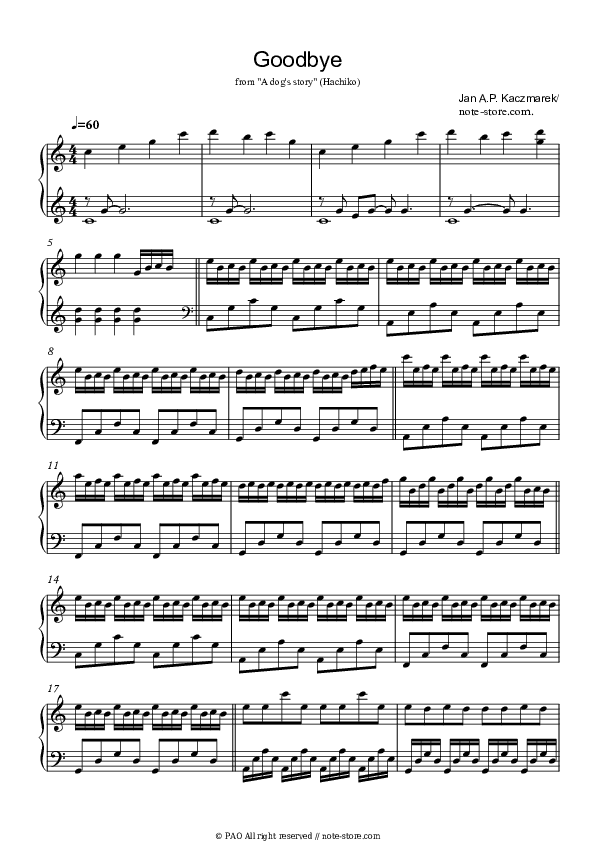 Goodbye - Jan Kaczmarek Piano Sheet Music - Piano.Solo