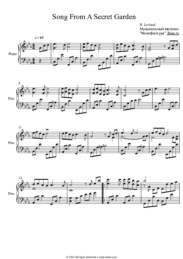 Song from a Secret Garden - Rolf Lovland Piano Sheet Music - Piano.Solo