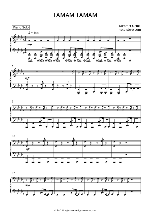 Tamam Tamam - Summer Cem Piano Sheet Music - Piano.Solo