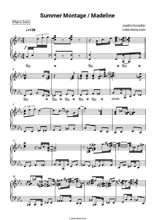 Summer Montage / Madeline - Justin Hurwitz Piano Sheet Music - Piano.Solo