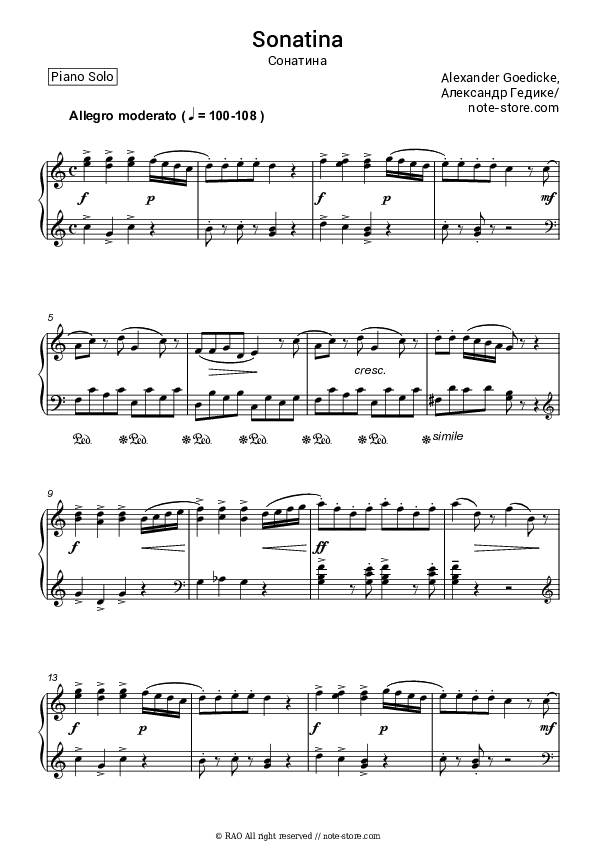 Sonatina, Op. 36, No. 20 - Alexander Goedicke Piano Sheet Music - Piano.Solo