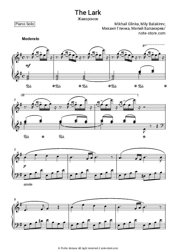 The Lark - Mikhail Glinka, Mily Balakirev Piano Sheet Music - Piano.Solo