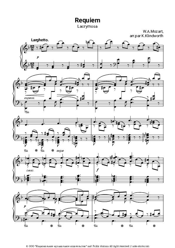 Requiem: Lacrimosa in D Minor, K.626 - Wolfgang Amadeus Mozart Piano Sheet Music - Piano.Solo