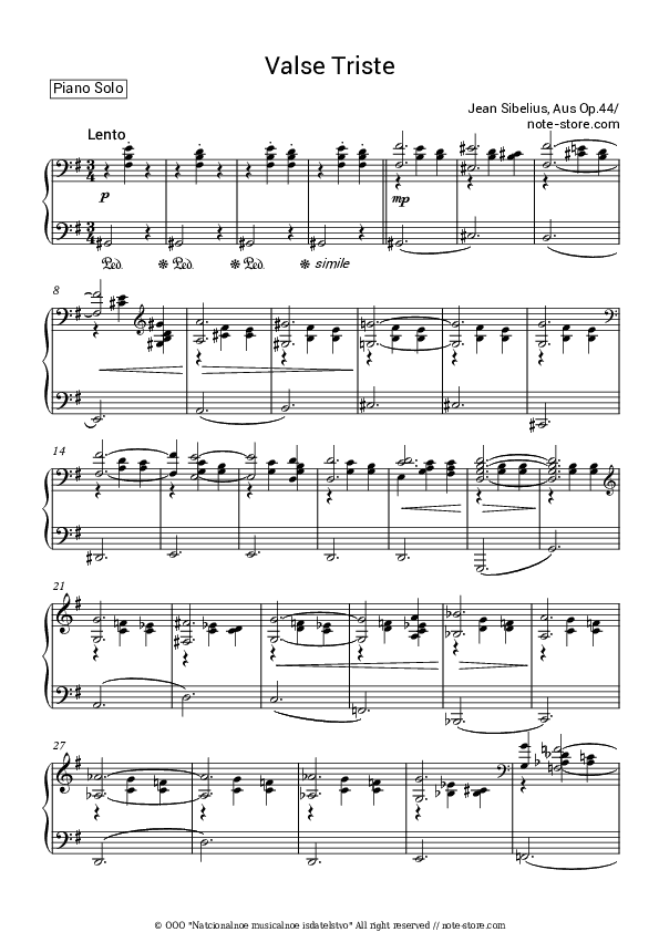 Valse triste, op. 44 nr. 1 - Jean Sibelius Piano Sheet Music - Piano.Solo