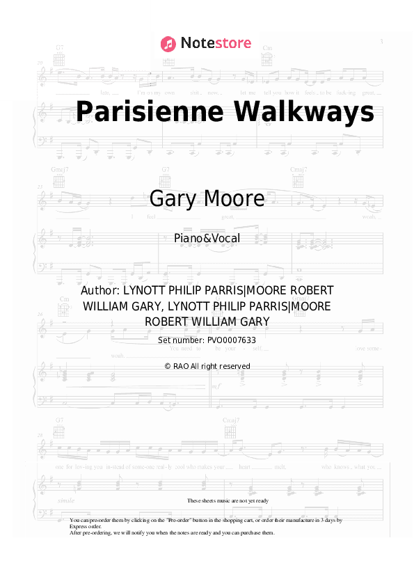 Parisienne Walkways - Gary Moore Piano Sheet Music with the Voice part - Piano&Vocal