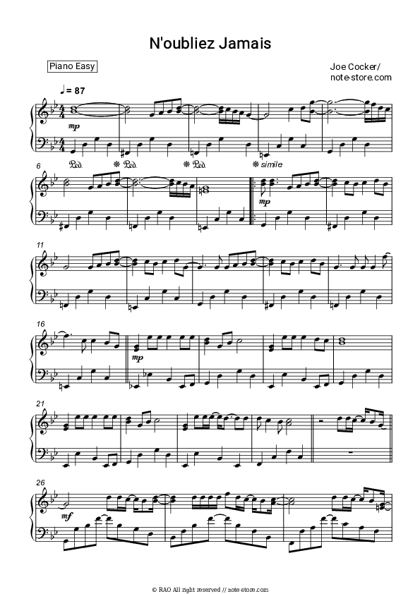 N’oubliez jamais - Joe Cocker Piano Sheet Music Easy - Piano.Easy