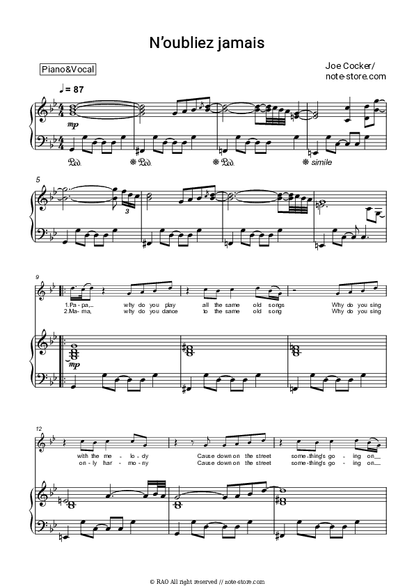 N’oubliez jamais - Joe Cocker Piano Sheet Music with the Voice part - Piano&Vocal