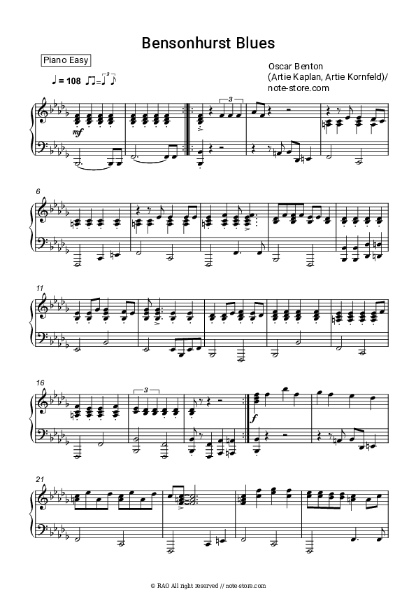 Bensonhurst Blues - Oscar Benton Piano Sheet Music Easy - Piano.Easy