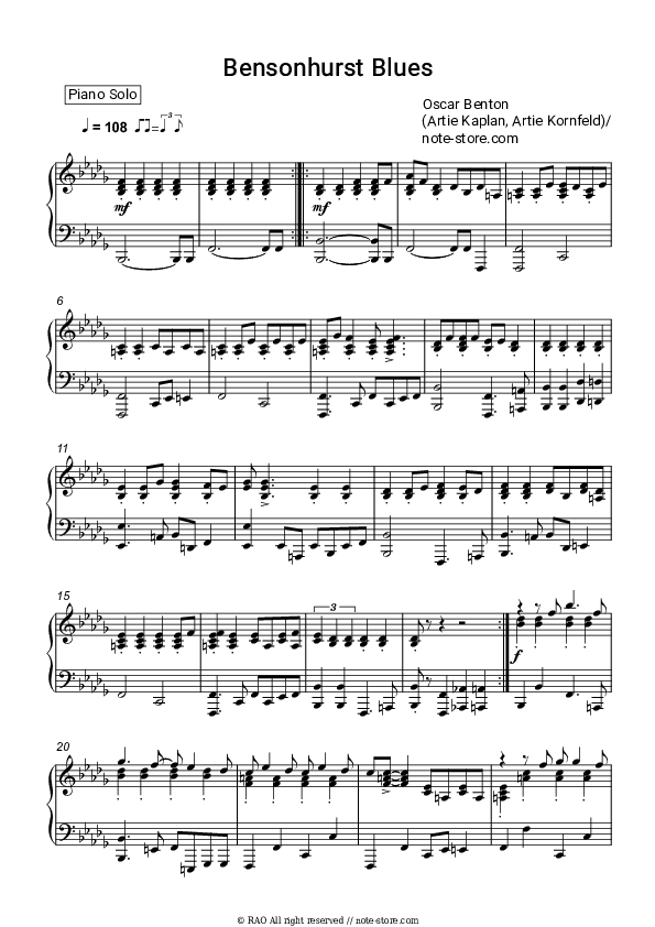 Bensonhurst Blues - Oscar Benton Piano Sheet Music - Piano.Solo