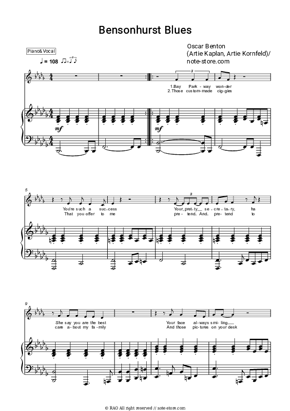 Bensonhurst Blues - Oscar Benton Piano Sheet Music with the Voice part - Piano&Vocal