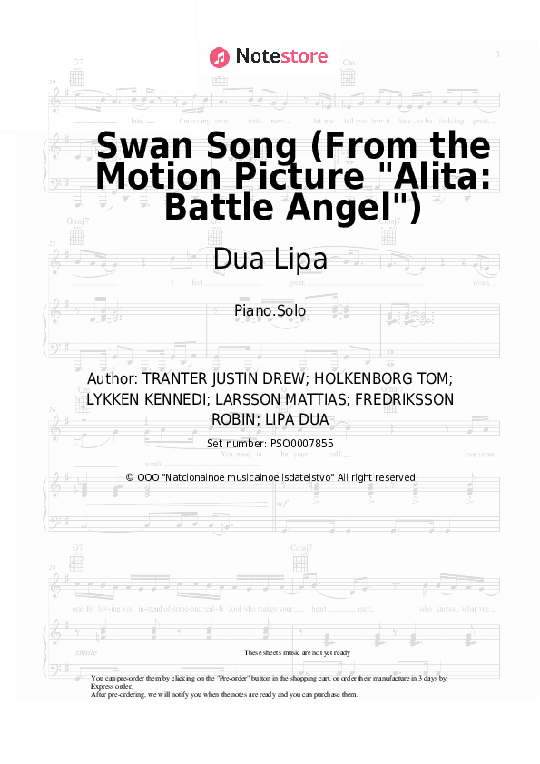 Swan Song (From the Motion Picture Alita: Battle Angel) - Dua Lipa Piano Sheet Music - Piano.Solo