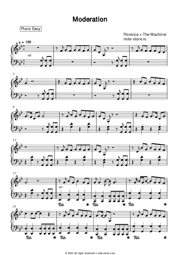 Moderation - Florence + The Machine Piano Sheet Music Easy - Piano.Easy