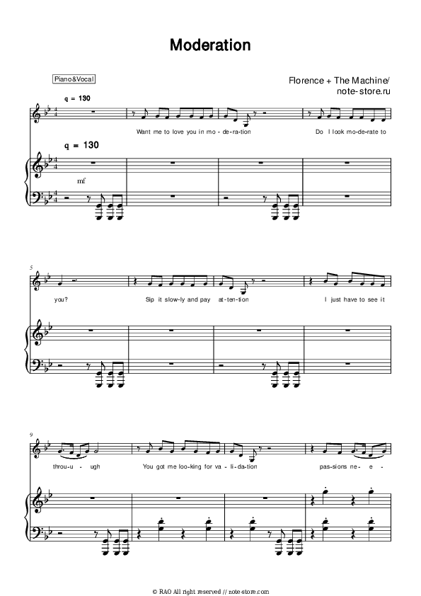 Moderation - Florence + The Machine Piano Sheet Music with the Voice part - Piano&Vocal