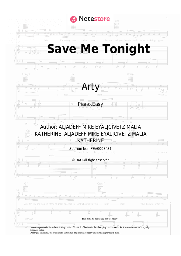 Save Me Tonight - Arty Piano Sheet Music Easy - Piano.Easy