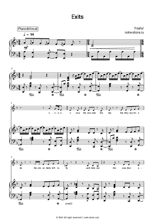 Exits (Edit) - Foals Piano Sheet Music with the Voice part - Piano&Vocal