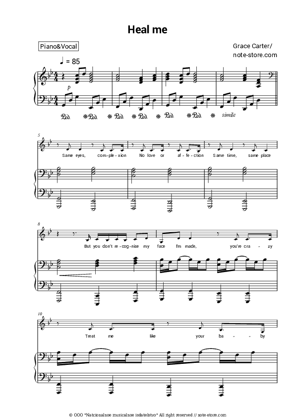 Heal Me - Grace Carter Piano Sheet Music with the Voice part - Piano&Vocal