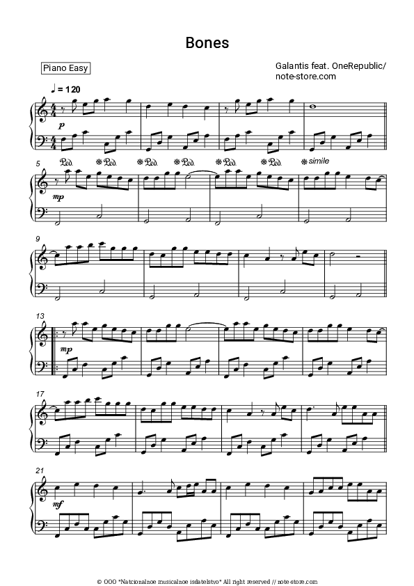 Bones - Galantis, OneRepublic Piano Sheet Music Easy - Piano.Easy