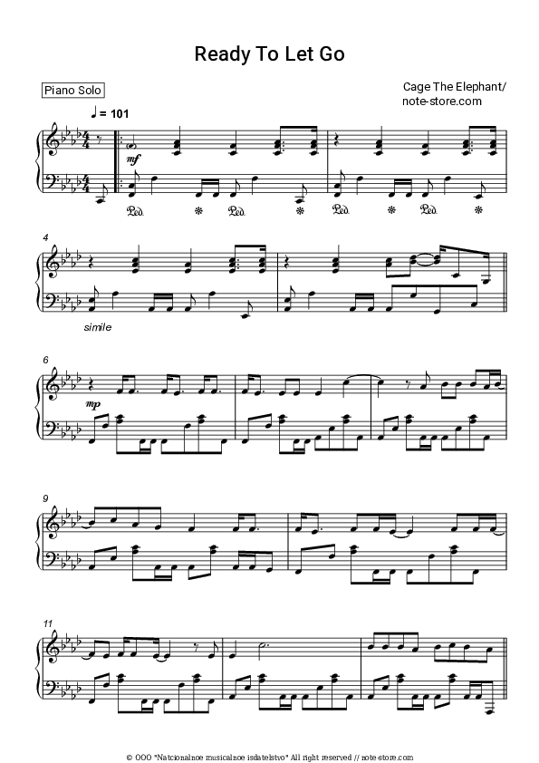 Ready To Let Go - Cage The Elephant Piano Sheet Music - Piano.Solo